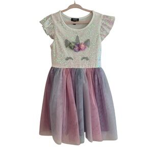 Zunie Iridescent Sequin Unicorn Tulle Dress in White, Pink, Lavender